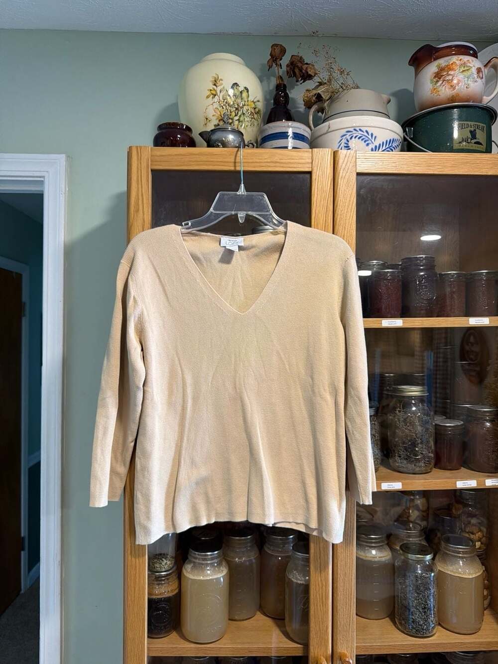 Ann Taylor LOFT Tan V-Neck 100% Cotton Long Sleeve Sweater Size Large